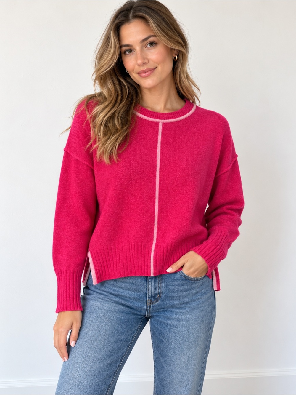 ALASHAN 100% Cashmere Hot Pink Contrast Trim Sweater Size L